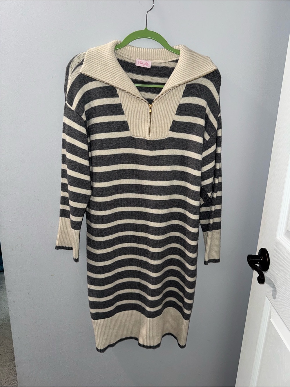 Pink Lily Gray Cream Striped Quarter Zip Sweater Dress Size Medium NWOT